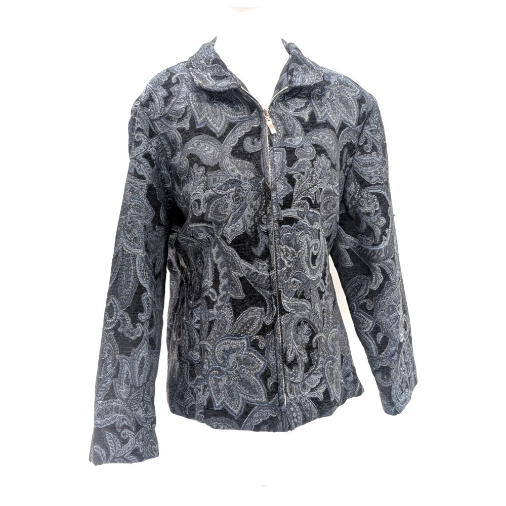 Dressbarn Paisley Floral  Blue Silver Full Zip Collared Blazer Jacket Size XL